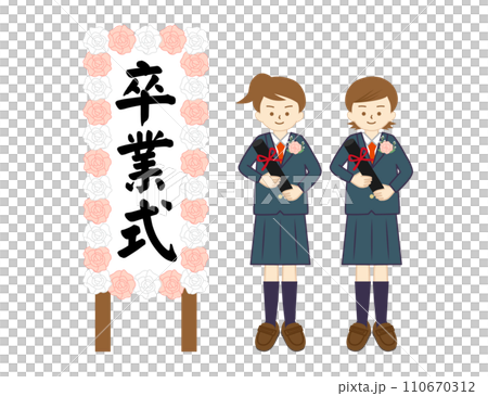 兩個女孩在畢業標誌前拿著文憑微笑 兩個女孩在畢業標誌前拿著文憑微笑 110670312