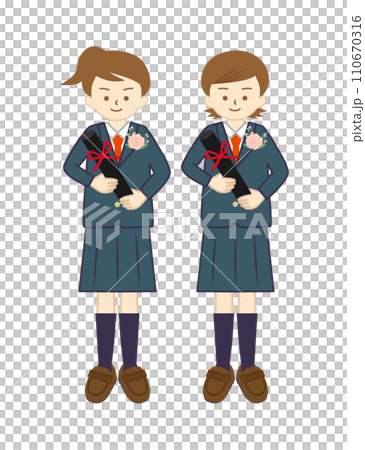 Two girls in uniform smiling while holding a diploma (full body) Two girls in uniform smiling while holding a diploma (full body) 110670316