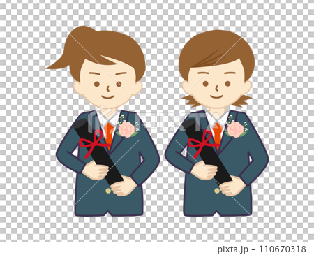 Two girls in uniform smiling while holding a diploma (upper body) 110670318