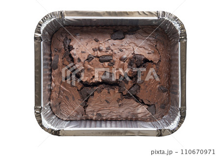 Top view of Fudge Brownie in Foil Tray Isolated on White Background 110670971