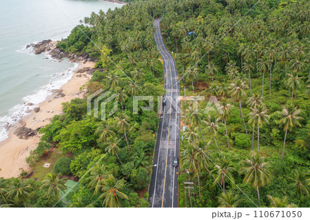 Aerial view of cars driving on highway or moterway. Overpass bridge street roads in connection network of architecture concept. Top view of forest trees. Nature landscape 110671050
