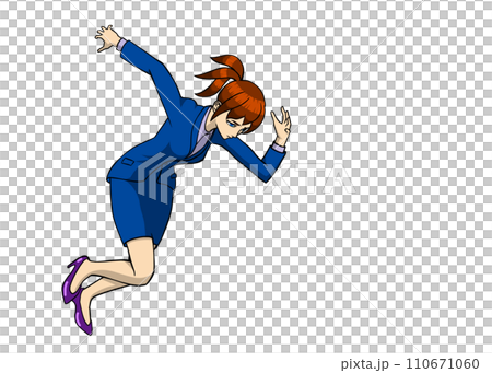 Businesswoman's starting dash - Illustration of the moment when a woman in a blue suit starts running vigorously 110671060