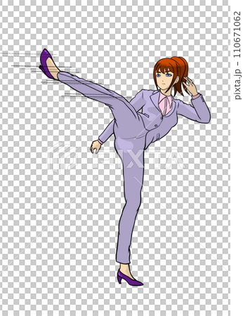 Businesswoman's high kick - Illustration of a woman in a pantsuit performing a high kick 110671062