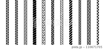 Repeating rope set. Seamless hemp cord line collection. Black chain, braid, plait stripe bundle. Vertical decorative plait pattern pack. Vector marine twine frame design elements for banner, poster Repeating rope set. Seamless hemp cord line collection. Black chain, braid, plait stripe bundle. Vertical decorative plait pattern pack. Vector marine twine frame design elements for banner, poster 110671705