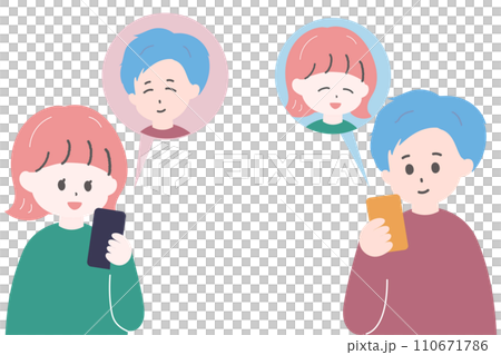 スマートフォンで連絡を取り合う男女　背景透過 110671786