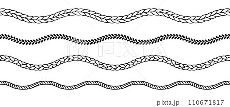 Set of rope waves. Repeating hemp cord stripes collection. Waving chain, braid, plait bundle. Seamless decorative plait pattern. Vector marine twine design elements for banner, poster, frame, border Set of rope waves. Repeating hemp cord stripes collection. Waving chain, braid, plait bundle. Seamless decorative plait pattern. Vector marine twine design elements for banner, poster, frame, border 110671817