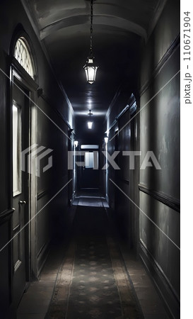 Haunted corridor in abandoned building tunnel 110671904