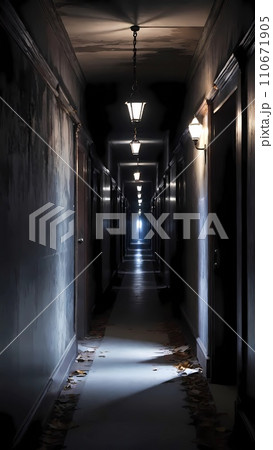 Haunted corridor in abandoned building tunnel 110671905