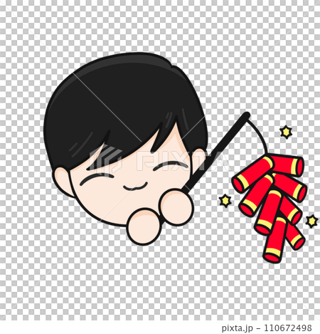 Chinese New Year, Cute Mascot Kid with Black Hair Holding Firecrackers, Fireworks, and Cartoon illustration. Chinese New Year, Cute Mascot Kid with Black Hair Holding Firecrackers, Fireworks, and Cartoon illustration. 110672498