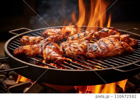 AI-generated content. Baked chicken legs on flaming charcoal grill are delicious AI Generation AI-generated content. Baked chicken legs on flaming charcoal grill are delicious AI Generation 110672582