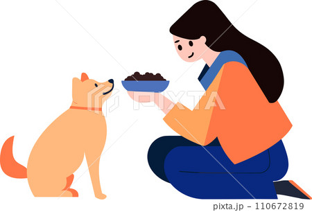 a woman feeding her dog in flat style isolated on background 110672819