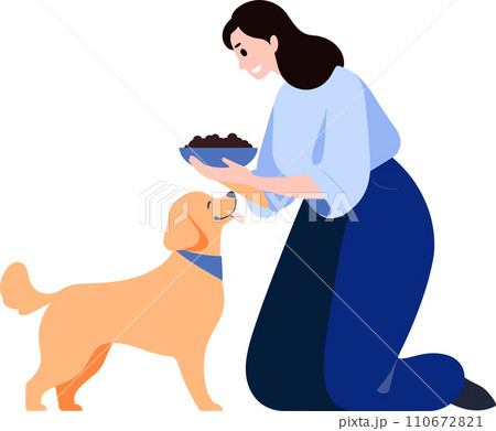 a woman feeding her dog in flat style isolated on background 110672821