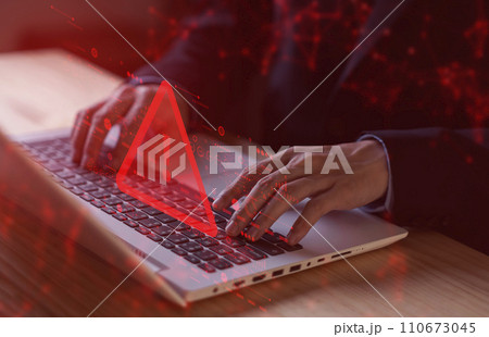 System hacked warning alert on notebook (Laptop). Cyber attack on computer network, Virus, Spyware, Malware or Malicious software. Cyber security and cybercrime. Compromised information internet. 110673045