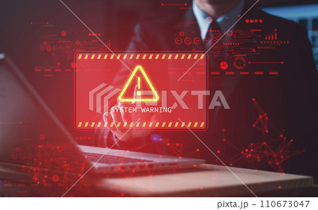 System hacked warning alert on notebook (Laptop). Cyber attack on computer network, Virus, Spyware, Malware or Malicious software. Cyber security and cybercrime. Compromised information internet. 110673047