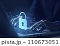 Lock on laptop. Cyber security. Data protection information. Encryption and safety secured access to user personal data. Cybercrime. Compromised information internet. Cyber attack on computer network 110673051