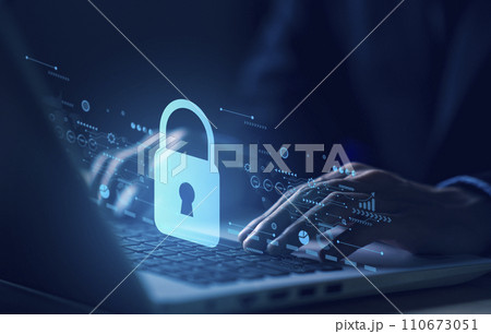 Lock on laptop. Cyber security. Data protection information. Encryption and safety secured access to user personal data. Cybercrime. Compromised information internet. Cyber attack on computer network 110673051