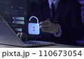 Cyber security. Data protection information. Encryption and safety secured access to user personal data. Cybercrime. Compromised information internet. Lock on laptop. Cyber attack on computer network 110673054