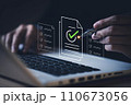Businessman use smartpen checklist on e-document. Document Management System (DMS). Digital online document database and paperless office. Folder process automation to efficiently manage file 110673056