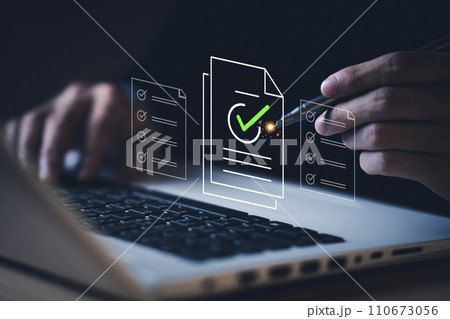 Businessman use smartpen checklist on e-document. Document Management System (DMS). Digital online document database and paperless office. Folder process automation to efficiently manage file 110673056