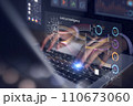 AI (Artificial intelligence) growing concept. Businessman hand use laptop with chatbot analytics information trends technology. Business link digital marketing. Big data. 110673060