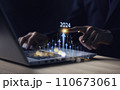 2024 Business growing with virtual digital graphics line increase arrow. Financial balance sheet. Stock, Cryptocurrency chart trader, trading, investment. Businessman calculating financial data 110673061