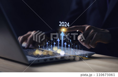 2024 Business growing with virtual digital graphics line increase arrow. Financial balance sheet. Stock, Cryptocurrency chart trader, trading, investment. Businessman calculating financial data 110673061