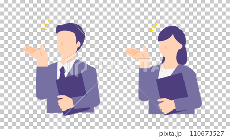 Illustration of a business person holding a binder and guiding customers 110673527