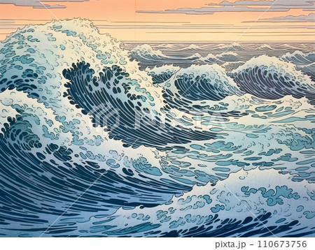 大きな波 浮世絵風 イラストのイラスト素材 [110673756] - PIXTA