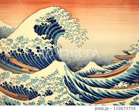大きな波　浮世絵風　イラスト 110673759