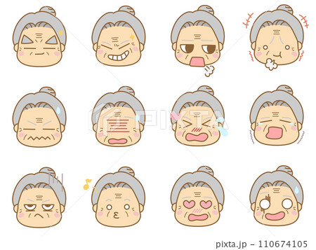 色々な表情の顔文字アイコン おばあさん9 色々な表情の顔文字アイコン おばあさん9 110674105