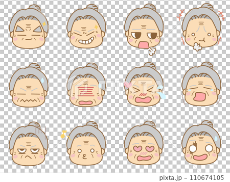 色々な表情の顔文字アイコン おばあさん9 色々な表情の顔文字アイコン おばあさん9 110674105