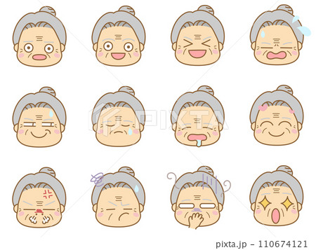 色々な表情の顔文字アイコン おばあさん5 色々な表情の顔文字アイコン おばあさん5 110674121