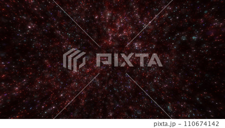 Abstract red background of small round bokeh particles, beautiful holiday snowflakes, magical snow, energetic bright glowing cosmic stars 110674142