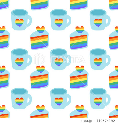 Seamless Pattern with LGBT Cute Cup with rainbow heart and Cake slice. LGBTQ background. Symbol of the LGBT pride community. Flat vector illustration. 110674192