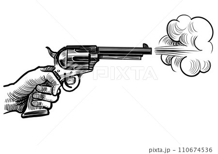 Hand with revolver gun. Retro styled hand-drawn black and white illustration Hand with revolver gun. Retro styled hand-drawn black and white illustration 110674536