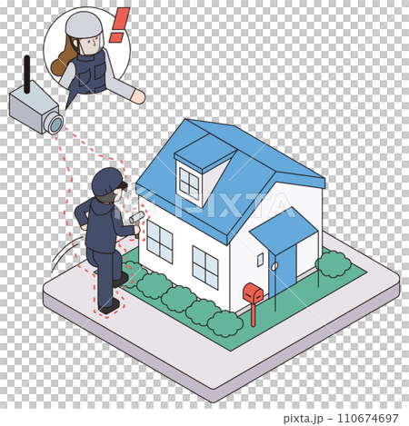 不審者を監視カメラを使って感知し遠隔で見守るホームセキュリティのアイソメイラスト 110674697