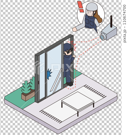 Isometric illustration of home security that uses a surveillance camera to detect suspicious persons and remotely monitor them 110674700