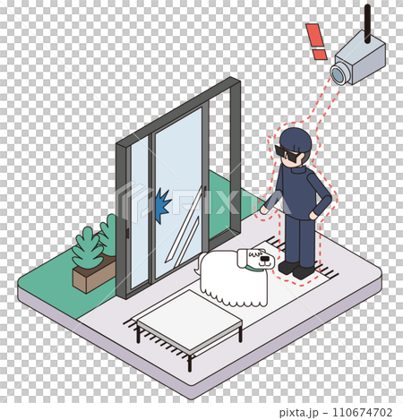 使用監視攝影機偵測可疑人員並遠端監控他們的家庭安全的等距插圖 110674702