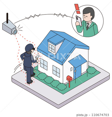 不審者を監視カメラを使って感知し通知を受信した家主のアイソメイラスト 不審者を監視カメラを使って感知し通知を受信した家主のアイソメイラスト 110674703