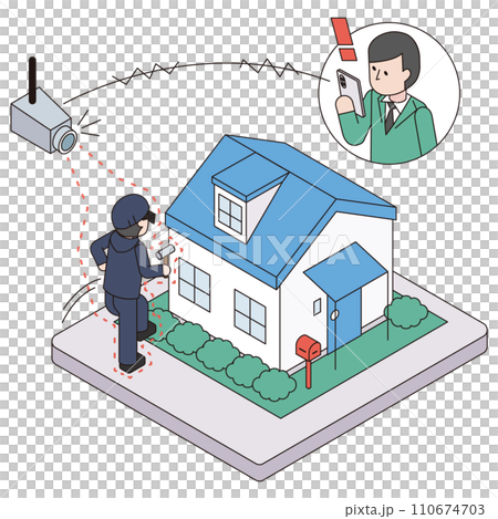 不審者を監視カメラを使って感知し通知を受信した家主のアイソメイラスト 不審者を監視カメラを使って感知し通知を受信した家主のアイソメイラスト 110674703