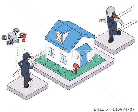 不審者をドローンを使って感知し通知を受信したセキュリティが急行するアイソメイラスト 110674707