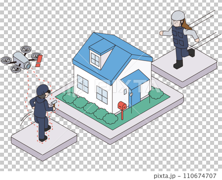 不審者をドローンを使って感知し通知を受信したセキュリティが急行するアイソメイラスト 110674707