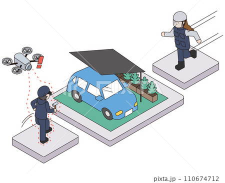 不審者をドローンを使って感知し通知を受信したセキュリティが急行するアイソメイラスト 110674712