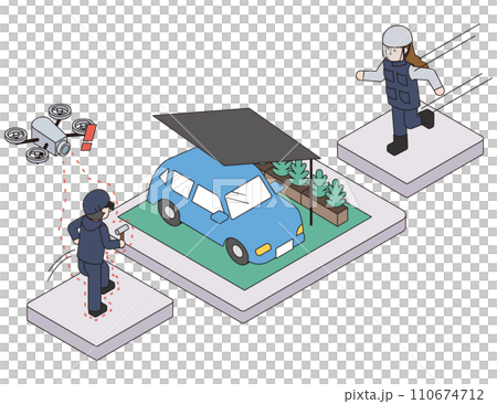 安全人員急於使用無人機偵測可疑人員並收到通知的等軸圖 110674712