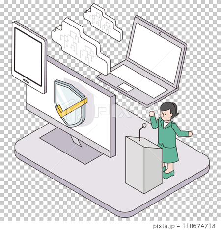 Isometric illustration of a lecturer giving security courses such as cyber attacks Isometric illustration of a lecturer giving security courses such as cyber attacks 110674718