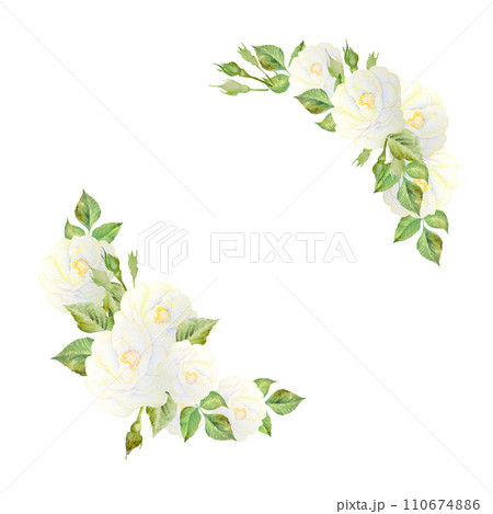 Watercolor illustration of a frame of white roses with leaves, hand drawn. For design of postcards, Watercolor illustration of a frame of white roses with leaves, hand drawn. For design of postcards, 110674886