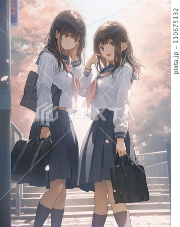 桜並木で下校する仲良しの女子高生2人のイラスト（AI生成画像） 110675132