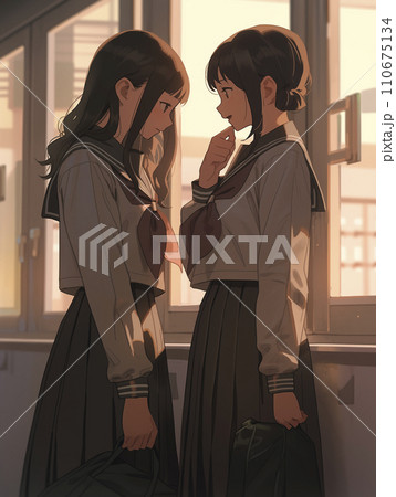 放課後に校舎に残っておしゃべりする女子生徒2人のイラスト（AI生成画像） 110675134