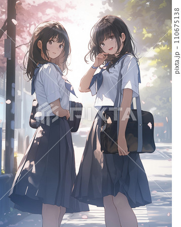 桜並木で下校する仲良しの女子高生2人のイラスト（AI生成画像）の