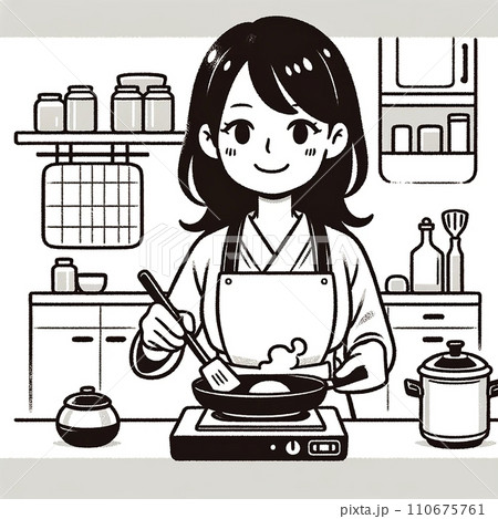料理をする日本人女性のシンプルなイラスト | AI生成画像 110675761